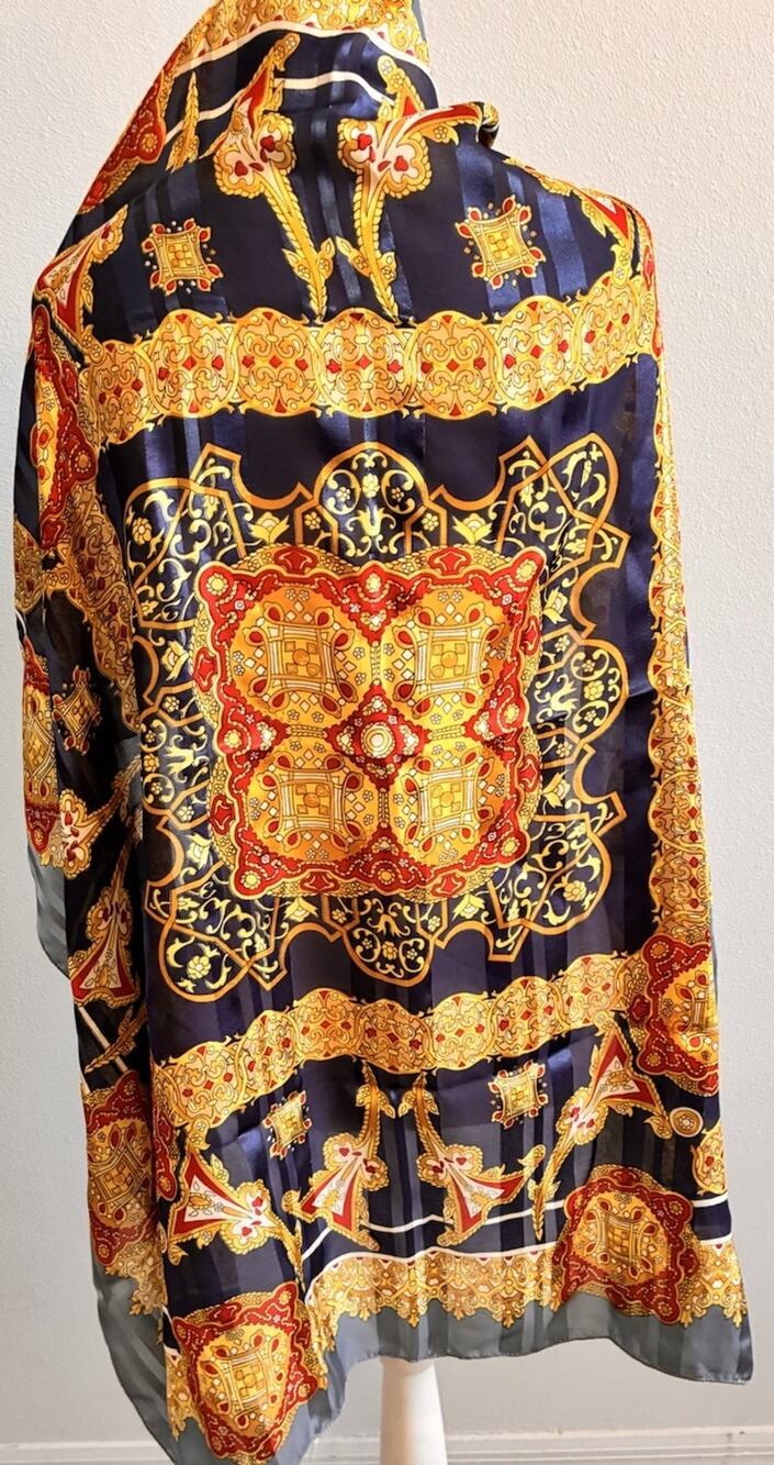VTG Lucky 100% Silk Scarf Large Baroque Medallion Blue Gold Satin Stripe Border - Picture 1 of 16
